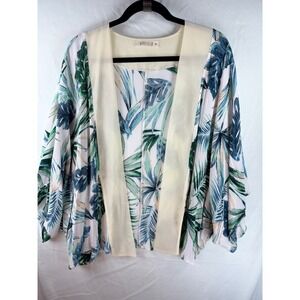 Wanderlux Tropical Palm Leaf Kimono Top Womens Medium Green Blue Open Front Boho